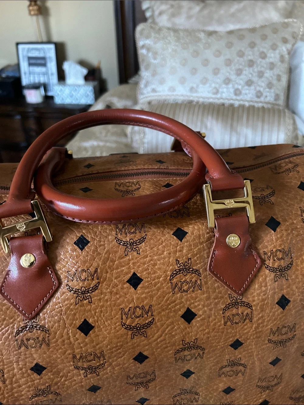 MCM Cognac Visetos Monogram Duffel with Tan Leather Trim EUC … comes with COA